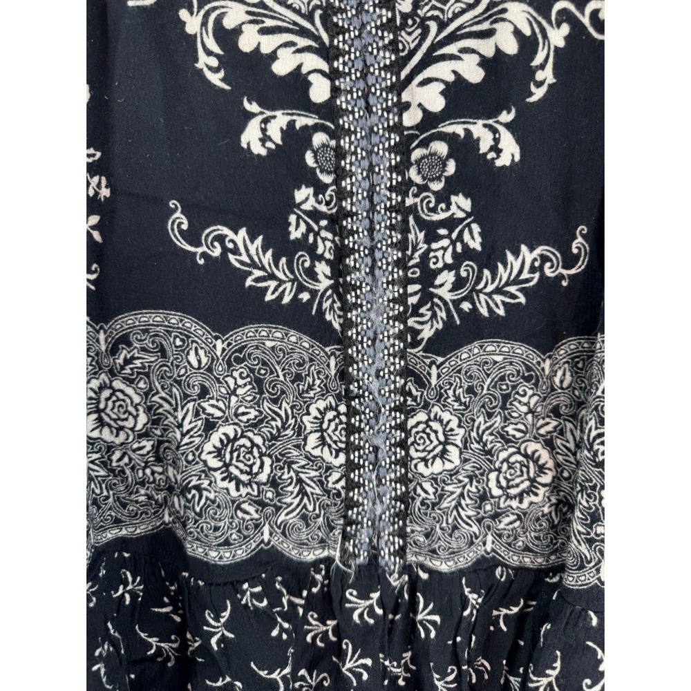 Bila Womens Black White Damask Floral Sequin Trim Ruffle Hem Tunic Top Large - Picture 7 of 8